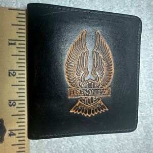 Harley Davidson Mens Black Leather Bifold Wallet Embossed Eagle Logo Vintage